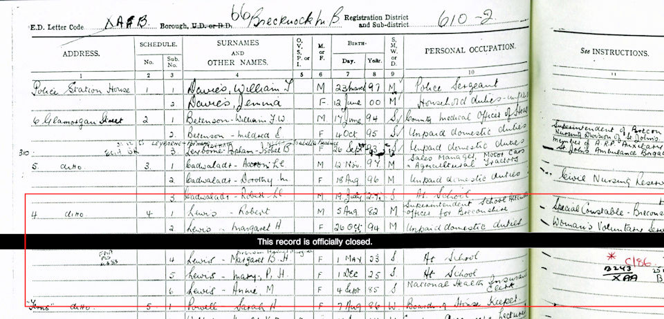 1939 Register showing Brychan Lewis's family